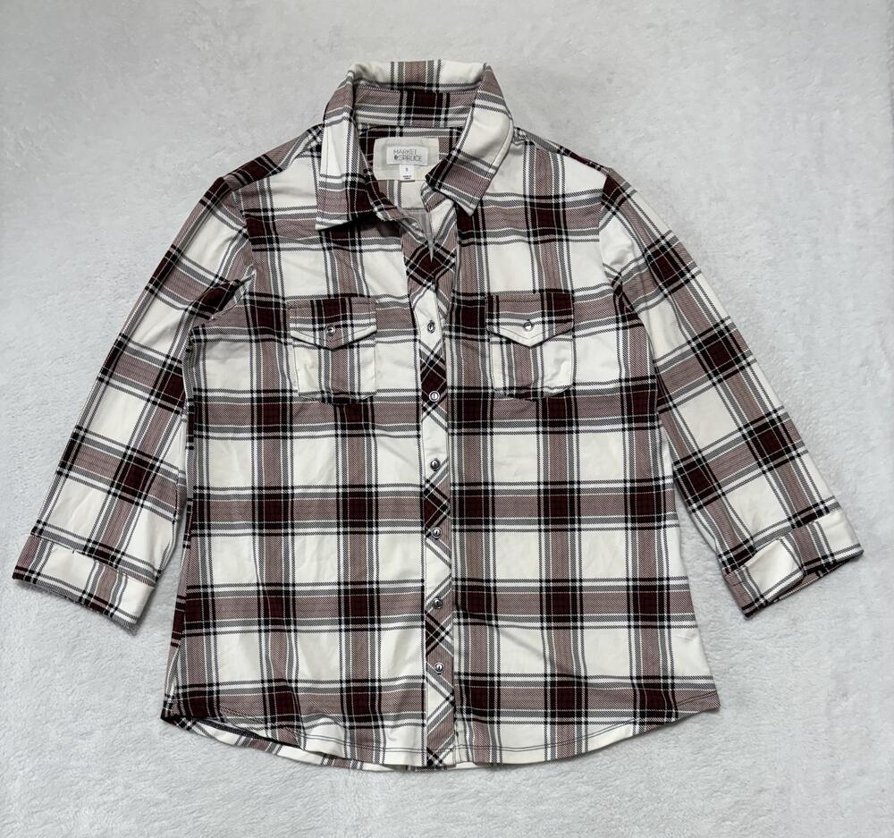 Market & Spruce Shirt Womens XL Burgundy Plaid Button Down Stretch 3/4 Sleeve